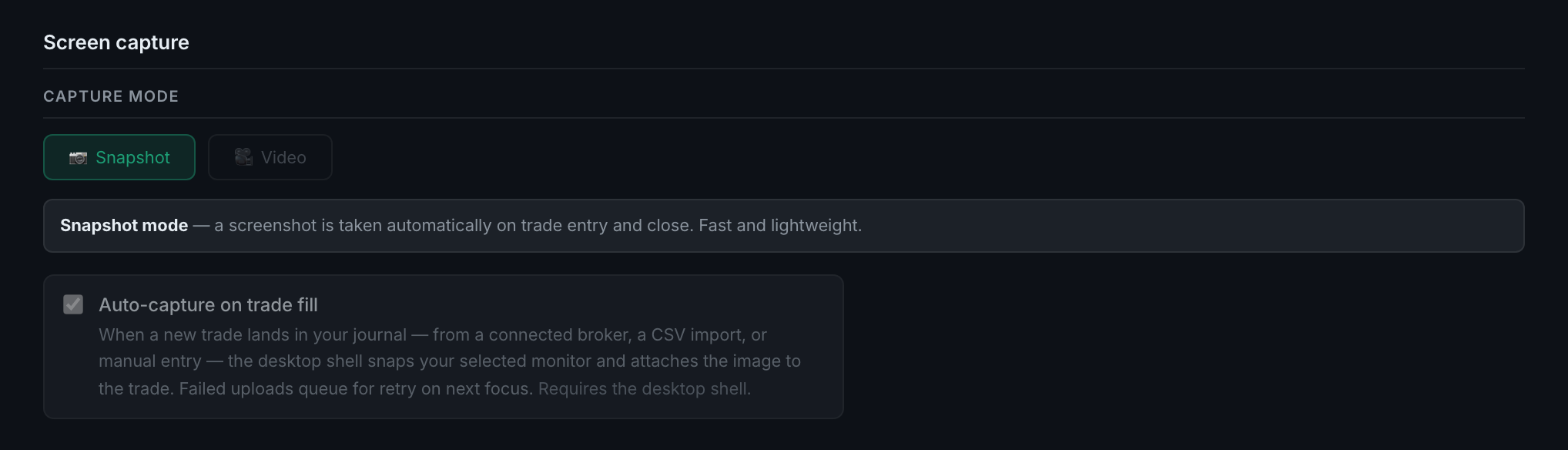 the Screen capture section: the heading, the capture mode row and the auto-capture toggle beneath it