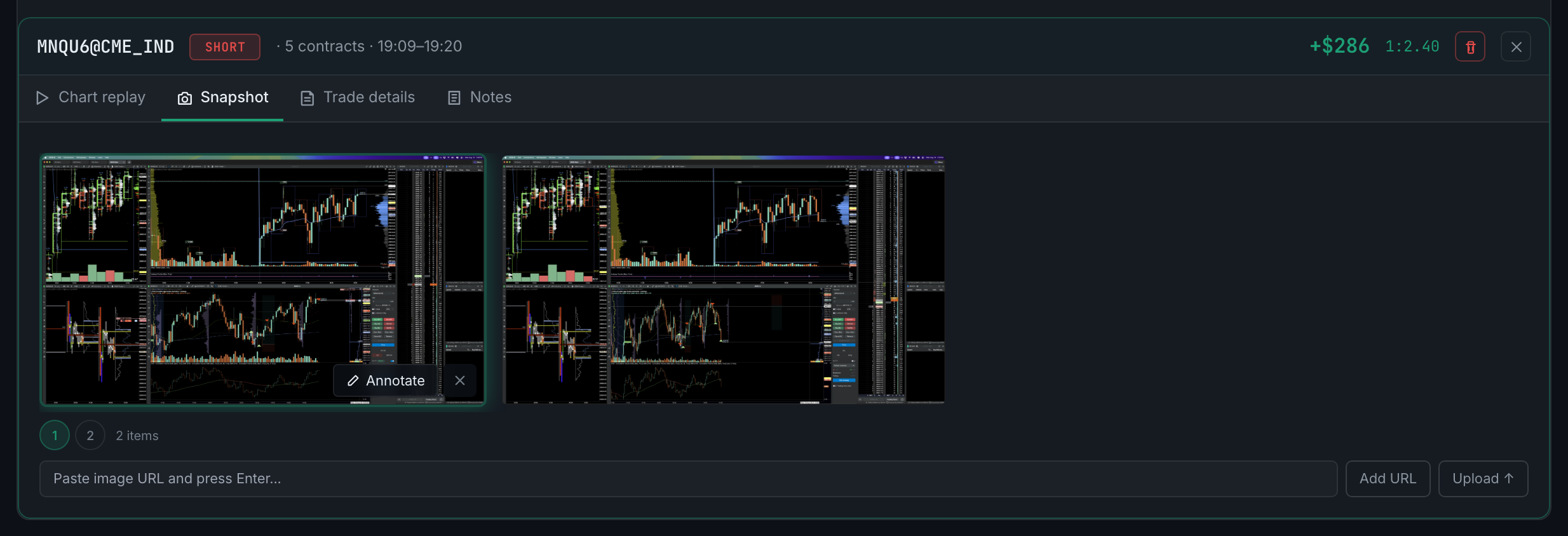 the Snapshot tab, showing the images attached to the trade