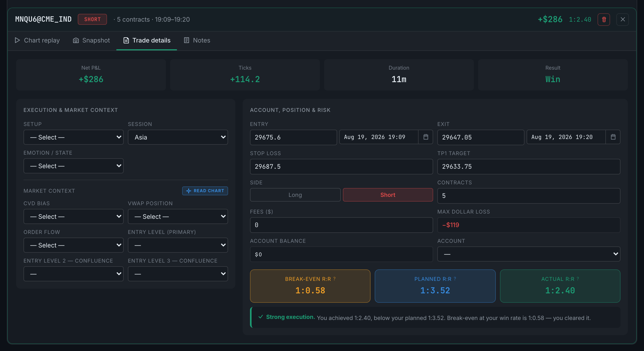 the Trade details tab, with the market context and risk figures