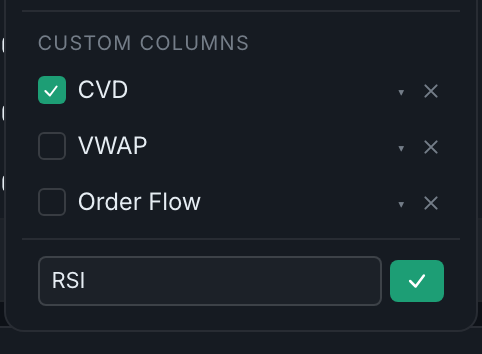 the name field open at the foot of the panel, with the custom columns you already have listed above it