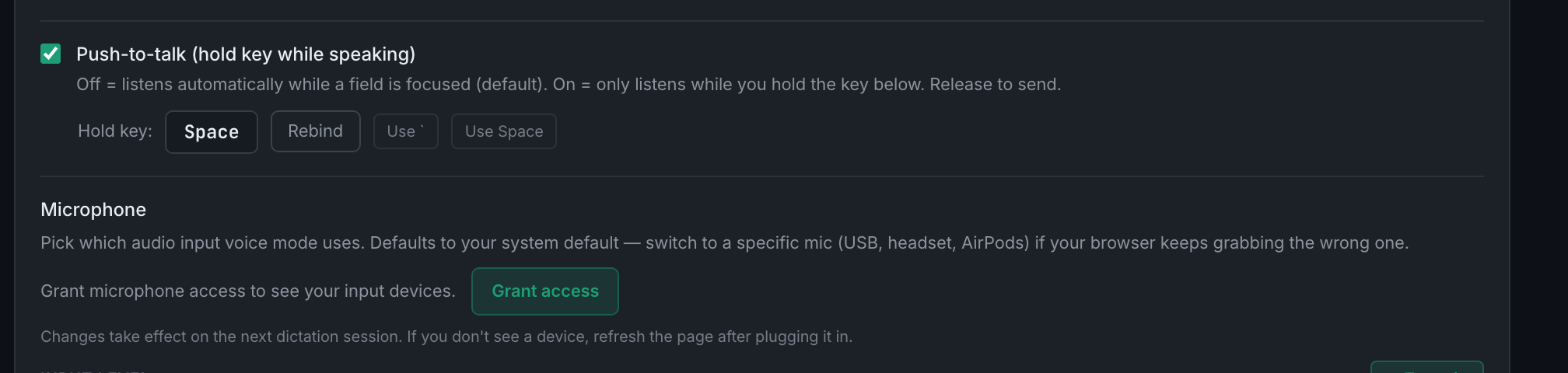the Push-to-talk checkbox ticked, showing the Hold key row with its Rebind button and the two presets