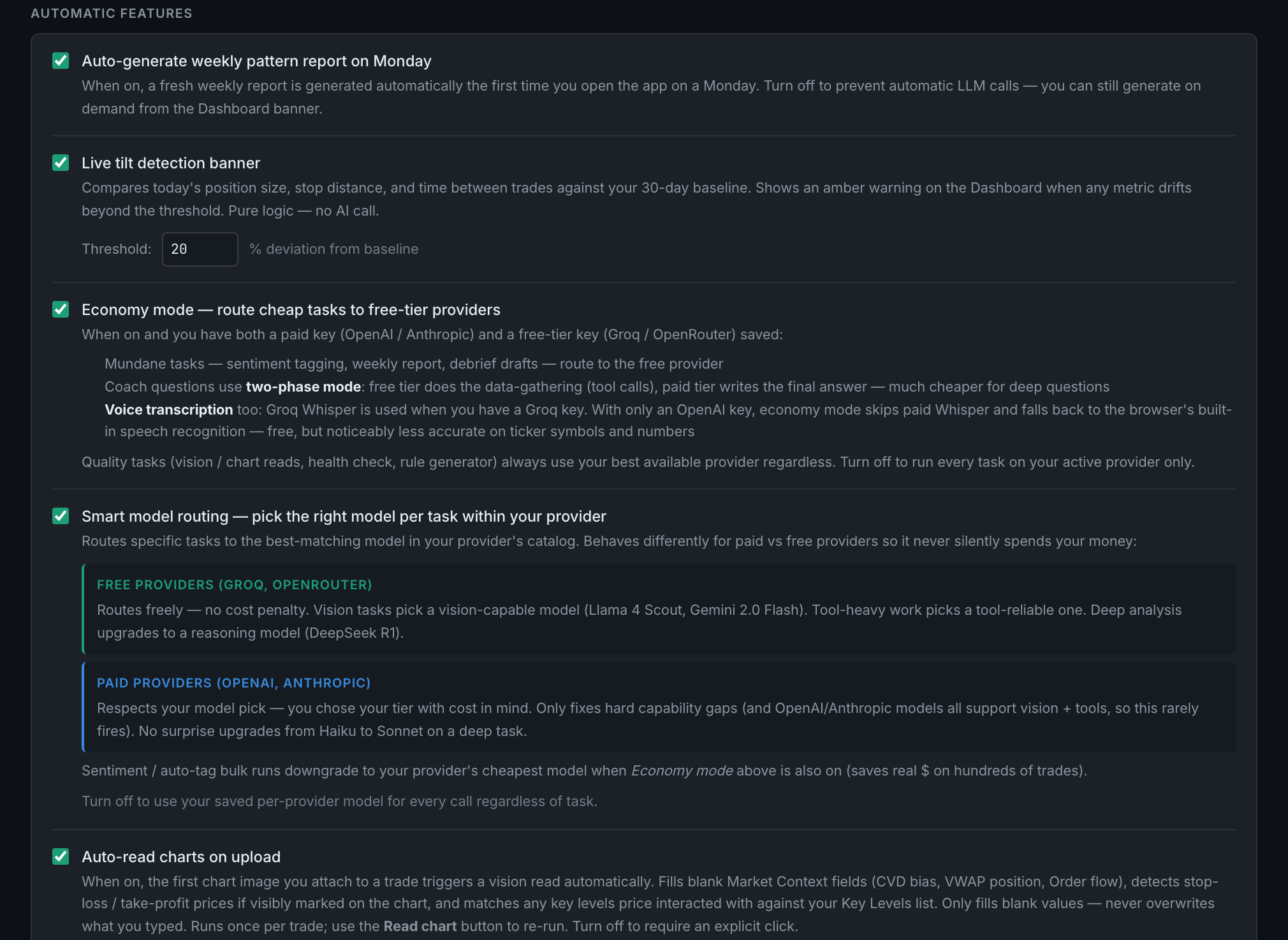 Settings → AI: the Economy mode toggle, whose description spells out what it does to voice transcription