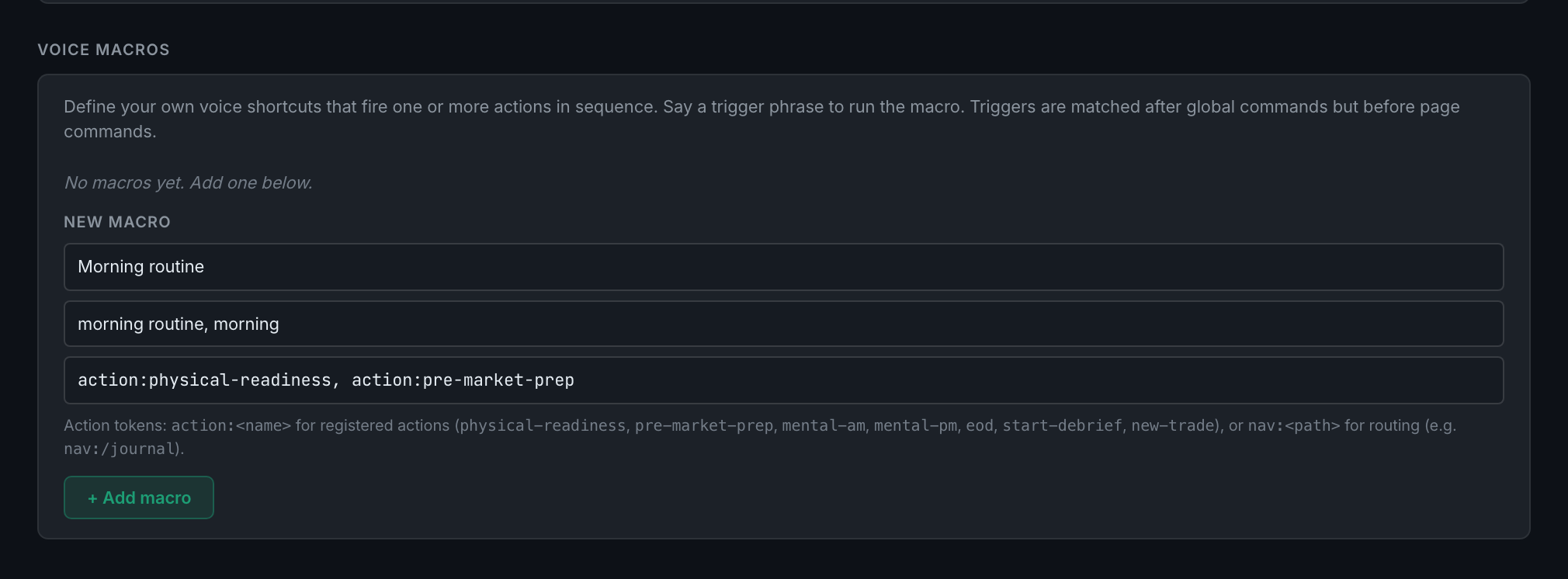 the New macro form filled in, showing what a name, a trigger list and an action chain actually look like before you press Add